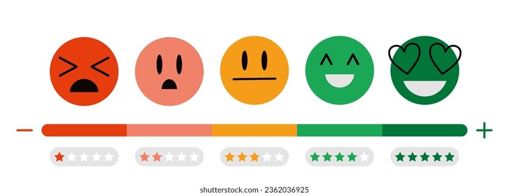 Customer satisfaction scale, Feedback concept, cartoon style. Includes such emoticon as angry, sad, neutral, joy and happy. Customer's service and evaluation review sign. Trendy vector illustartions