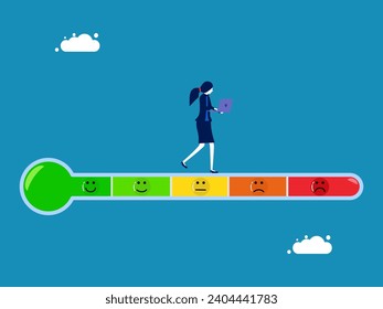 Customer satisfaction score level. Businesswoman on the emotional level bar 