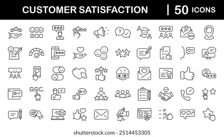 Conjunto de ícones da Web para satisfação do cliente em estilo de linha. Ícones de comentários para aplicativos móveis e da Web. Contendo classificação, como, antipatia, experiência do cliente, revisão, satisfação do cliente, depoimento e muito mais