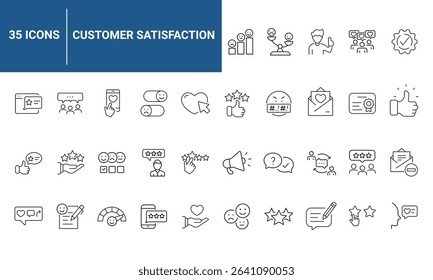 Customer satisfaction set of web icons in line style. Feedback icons for web and mobile app. Containing rating, like, dislike, customer experience, review, client satisfaction, testimonial and more
