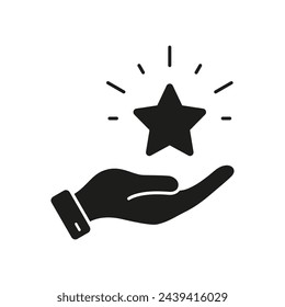 Customer Satisfaction Silhouette Icon. Good Feedback, Hand With Star Glyph Pictogram. Positive Review Solid Sign. Best Service Symbol. Isolated Vector Illustration.