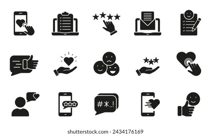 Customer Satisfaction Silhouette Icon Set. Feedback, Testimonial Symbol Collection. Online Support Glyph Pictogram. Client Loyalty Review Solid Sign. Isolated Vector Illustration.