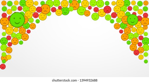 Customer satisfaction with smiles in form of various emotions. Review rating. Set of Emoji flat icons. Sad and happy mood emoticons. Design elements for web banner, feedback, promo, marketing. Vector