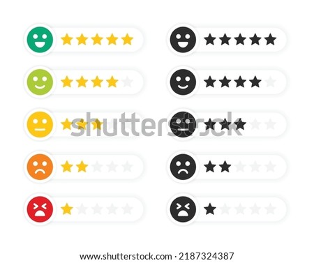 Customer satisfaction with smiley emotion and stars rating vector icon set illustration.
