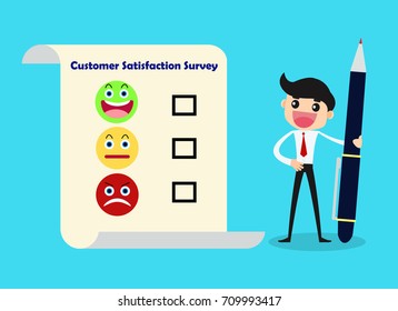 Customer satisfaction survey with business man holding pen.