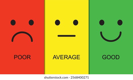 Customer satisfaction survey and colored emotions emoticon. Grading poor, average, good. Icon smiley and angry. vector illustration in flat design.