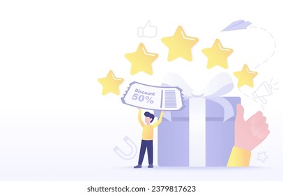 Customer satisfaction survey concept. Discount coupon, gift voucher, reward, award, special promotion. Customer loyalty program to improve product and service. Vector design illustration copy space.