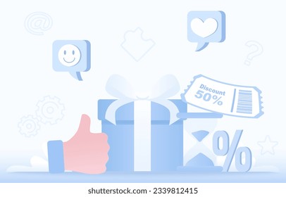 Customer satisfaction survey concept. Elements of reward, award, birthday gift box, discount voucher, loyalty, special promotion to product or service. Flat vector design illustration.