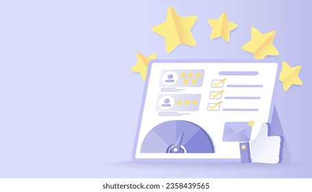 Customer satisfaction survey concept. Elements of feedback, customer loyalty, comment, respond, reply, star rating, positive and negative thinking. Flat vector design illustration with copy space.