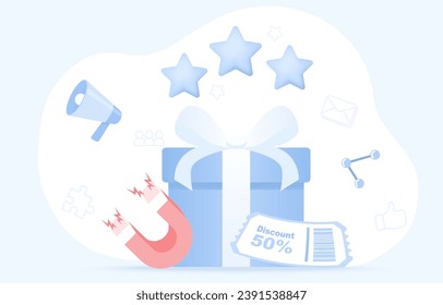 Customer satisfaction survey concept. Elements of gift box, voucher discount, special promotion. Customer loyalty program to improve, increase product or service. Flat vector design illustration.