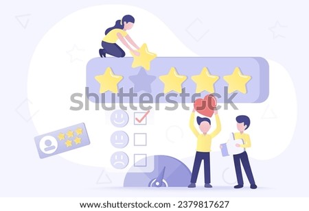 Customer satisfaction survey concept. Customer review and gives 5 star rating satisfaction with the product or service. Evaluate customer feedback and suggestions for improvement. Vector illustration.