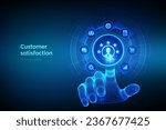 Customer satisfaction. Customer survey and feedback analytics. Using AI and automation technology in marketing for customer service. Wireframe hand touching digital interface. Vector illustration.