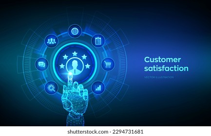 Customer satisfaction. Customer survey and feedback analytics. Using AI and automation technology in marketing for customer service. Robotic hand touching digital interface. Vector illustration.