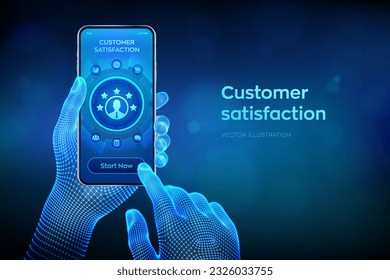 Customer satisfaction. Customer survey and feedback analytics. Using AI and automation technology in marketing for customer service. Closeup smartphone in wireframe hands. Vector illustration.