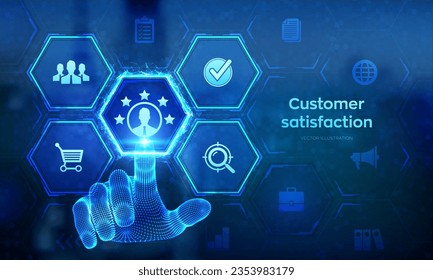 Satisfacción del cliente. Encuesta de clientes y análisis de retroalimentación. Uso de la IA y la tecnología de automatización en marketing para el servicio al cliente. Interfaz digital con conexión de alambre. Ilustración vectorial.