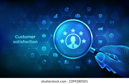 Customer satisfaction. Customer survey, feedback analytics concept with magnifier in wireframe hand and icons. Using AI and automation technology in marketing for customer service. Vector illustration