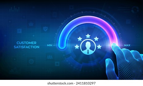 Customer satisfaction. Customer survey and feedback analytics. Wireframe hand is pulling up to the maximum position circle progress bar. AI and automation technology in marketing. Vector illustration.