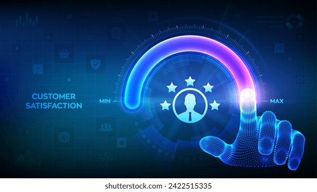 Customer satisfaction. Customer survey and feedback analytics. Wireframe hand is pulling up to the maximum position circle progress bar. AI and automation technology in marketing. Vector illustration.