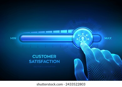 Customer satisfaction. Customer survey and feedback analytics. Using AI and automation technology in marketing. Wireframe hand is pulling up to the maximum position progress bar. Vector illustration.