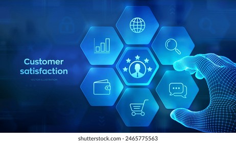 Customer satisfaction. Customer survey and feedback analytics. Using AI and automation technology in marketing for customer service. Hand places an element into a composition. Vector illustration.