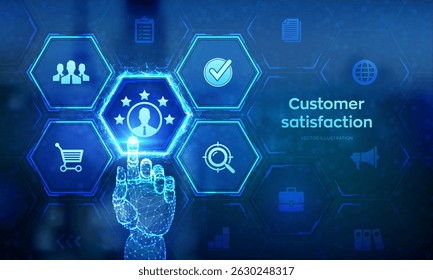 Satisfação do cliente. Pesquisa de clientes e análise de feedback. Uso de IA e tecnologia de automação em marketing para atendimento ao cliente. Mão de arames tocando a interface digital. Ilustração vetorial.
