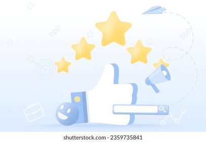 Encuesta de satisfacción del cliente y concepto de retroalimentación. Revisión de los pulgares hacia arriba de 5 estrellas. Pensamiento positivo, revisión, comentario de queja, programa de lealtad, buena experiencia. Ilustración de diseño de vector plano.