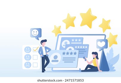 Customer satisfaction survey and feedback review concept. Positive and negative respond, rating star, loyalty, good experience. Gives 5 star rating satisfaction with the product or service. 
