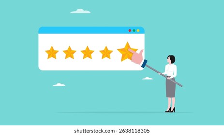 customer satisfaction survey, five star rating concept, client questionnaire or service quality feedback, woman choose a five-star rating for the experience of purchasing a product or service