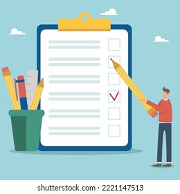 Customer Satisfaction Survey. Voting, choice. Solving the list of tasks, bringing goals to the end. A businessman with a pencil checks off the completion of tasks. Big piece of paper, small person.