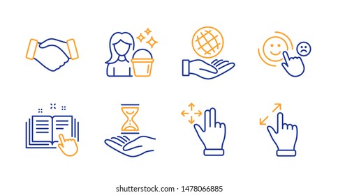 Customer satisfaction, Technical documentation and Handshake line icons set. Safe planet, Move gesture and Time hourglass signs. Cleaning, Touchscreen gesture symbols. Happy smile, Manual. Vector