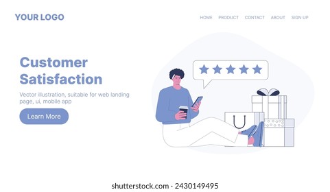 Customer Satisfaction. Web Landing Page Design. Flat Cartoon Vector Illustration. Vector illustration, suitable for web landing page, ui, mobile app.