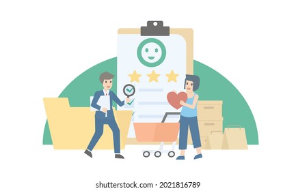 Customer satisfaction,review rating and feedback,Survey the opinions product or service,woman Give heart Positive  relation with brand,Excellent User Experience,vector illustration.