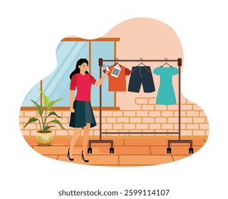 Customer scanning QR code to get product information. Customer scanning QR code to get product info, trade industry and smart retail. Flat vector modern illustration 
