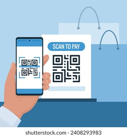 Customer scanning a QR code with his smartphone and making a payment in a shop