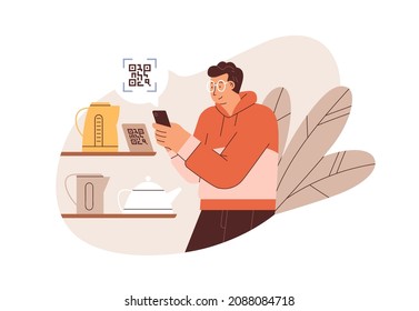 Customer scanning QR with mobile code reader app on smartphone to get information about product. Buyer with phone receiving data from barcode. Flat vector illustration isolated on white background