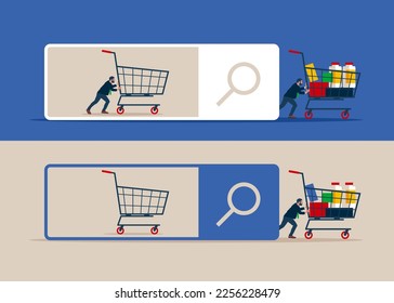 Customer in search bar and checkout with full of purchased items in shopping cart. SEO, Search Engine Optimization, customer search online.  Modern vector illustration in flat style