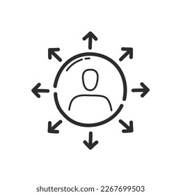 Customer search, user profile icon and arrows. Hand drawing design style. Vector.