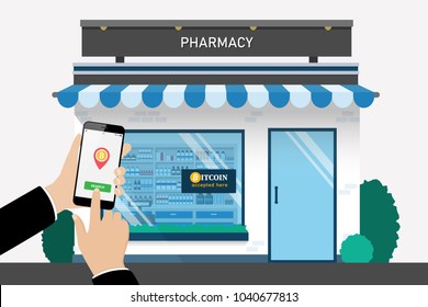 Customer searching location for bitcoin currency accepted store by smartphone, Cryptocurrency flat style vector concept