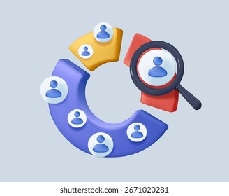 Kundensegmentanalyse für Marketing oder Werbung, Zielpublikum, Konsumenten- oder Nutzergruppe, demografische Daten oder Profil-zu-Ziel-Konzept. Analyse des Tortendiagramms des Debitorensegments 3D