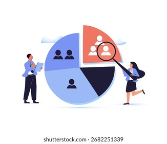 Customer segment analysis for marketing or advertising, target audience, consumer or user group, demographic data or profile to target concept, business team analyzing customer segment pie chart.