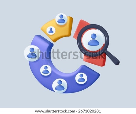Customer segment analysis for marketing or advertising, target audience, consumer or user group, demographic data or profile to target concept. Analyzing customer segment pie chart. 3D