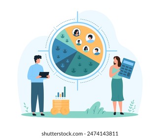 Customer segment analysis of marketing research. Tiny people analyze different segments of pie chart and consumers profiles in target aim, identify and find niche cartoon vector illustration