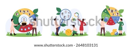 Customer segment analysis set. Tiny people with magnifying glass and calculator study results of demographic segmentation chart, search for niche of consumer audience cartoon vector illustration