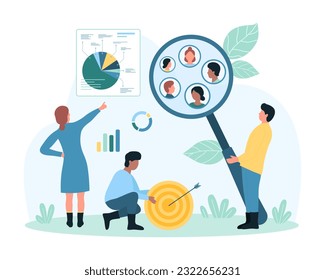 Customer segment analysis for TV market addressable advertising vector illustration. Cartoon tiny people research and divide focus group of potential clients with magnifier, highlight consumers