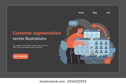 Customer segmentation concept. Enthusiastic woman categorizing digital profiles, streamlining marketing strategies for targeted audiences. Personalization in action. Flat vector illustration.