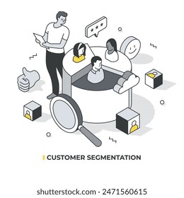 Customer segmentation concept. Man with clipboard defines target audience and customer profiles analyzing pie chart with diverse consumer groups. Marketing strategy isometric illustration