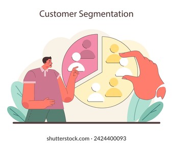 Customer Segmentation concept. A vibrant portrayal of market segmentation, highlighting the process of categorizing consumers for targeted strategies. A marketer segments for precision in outreach