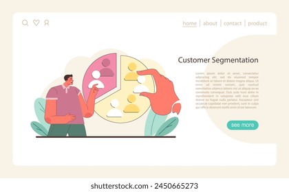 Customer Segmentation concept. A vibrant portrayal of market segmentation, highlighting the process of categorizing consumers for targeted strategies. Flat vector illustration.