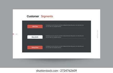 Modelo de apresentação de slides de segmentos de clientes com design limpo e profissional. Ideal para apresentar grupos-alvo de clientes, segmentação do mercado, personas de compradores e classificação de público em apresentações corporativas e profissionais.