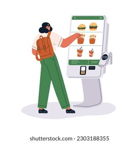 Customer at self ordering kiosk, choosing from fast food menu on screen, digital display on stand machine, buying and paying terminal. Flat graphic vector illustration isolated on white background